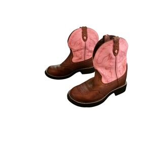 Justin Womens Size 7B Brown Leather Pink Shaft Western Cowboy Boots Square Toe